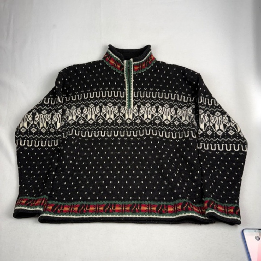 EQ Vintage 100%‎ Wool Fair Isle Quarter Zip Sweater Black Nordic Womens Large